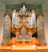 Pipe shade carvings, Gottfried and Mary Fuchs Organ at Pacific Lutheran University, Tacoma WA, wood carver Jude Fritts