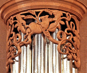 Wood carved rat in pipe shade carvings for Episcopal Church of the Ascension, Magnolia neighborhood, Seattle WA